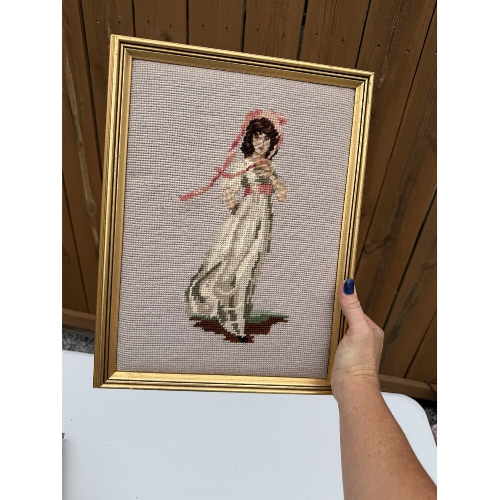 VTG Needlepoint Framed Pink Girl 11"x15" Custom Frame
